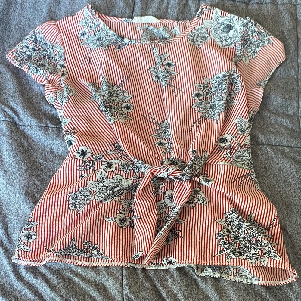 Elegant Red and White Floral Blouse